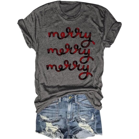 Women's Buffalo Plaid Tees Casual Short Sleeve Merry Letter Printed Graphic Tops - Picture 1 of 2